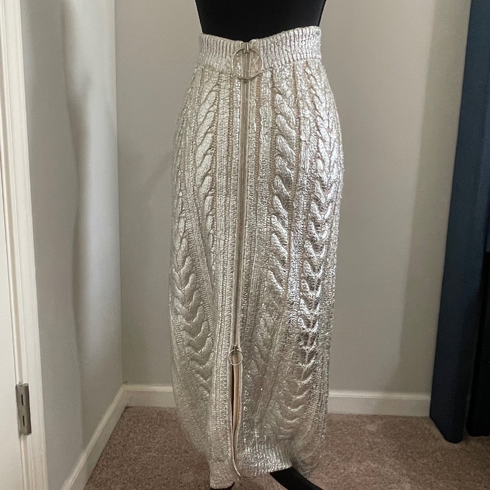 Metallic Coated Zip Front Midi Skirt | size 44 (U.S. Large)